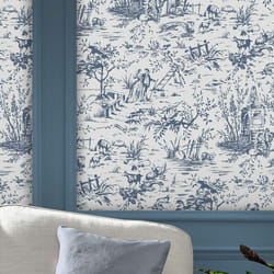 Laura Ashley - Papier peint intissé Toile de Jouy Dark Seaspray 1005 x 52cm Bleu