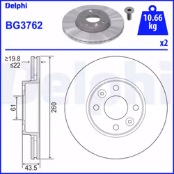 Disque de frein DELPHI BG3762 avant, ventilé, 2 pièce