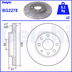 Disque de frein DELPHI BG2278, avant, ventilé, 2 pièce