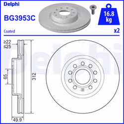 Disque de frein DELPHI BG3953C avant, ventilé, 2 pièce