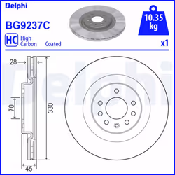Disque de frein DELPHI BG9237C avant, ventilé, à haute teneur en carbone, 1 pièce