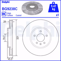 Disque de frein DELPHI BG9238C avant, ventilé, à haute teneur en carbone, 1 pièce