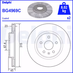 Disque de frein DELPHI BG4969C arrière, ventilé, 2 pièce
