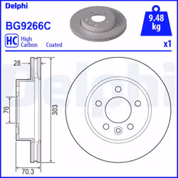 Disque de frein DELPHI BG9266C avant, ventilé, à haute teneur en carbone, 1 pièce