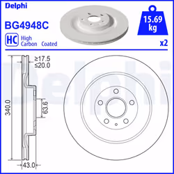 Disque de frein DELPHI BG4948C arrière, ventilé, à haute teneur en carbone, 2 pièce