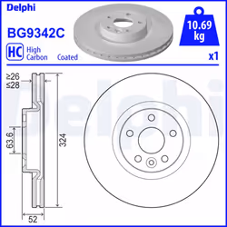 Disque de frein DELPHI BG9342C avant, ventilé, à haute teneur en carbone, 1 pièce