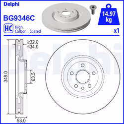 Disque de frein DELPHI BG9346C avant, ventilé, à haute teneur en carbone, 1 pièce