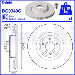 Disque de frein DELPHI BG9349C avant, ventilé, à haute teneur en carbone, 1 pièce