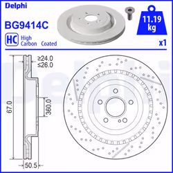 Disque de frein DELPHI BG9414C arrière, ventilé, perforé, à haute teneur en carbone, 1 pièce