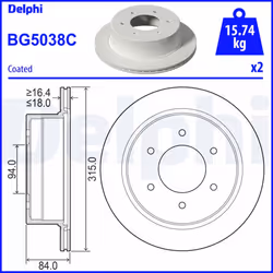 Disque de frein DELPHI BG5038C arrière, ventilé, 2 pièce