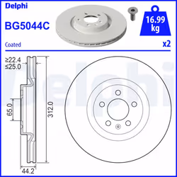 Disque de frein DELPHI BG5044C avant, ventilé, 2 pièce