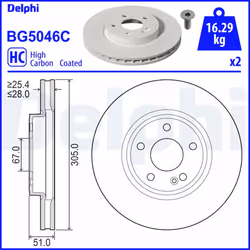 Disque de frein DELPHI BG5046C avant, ventilé, à haute teneur en carbone, 2 pièce