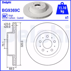 Disque de frein DELPHI BG9369C avant, ventilé, à haute teneur en carbone, 1 pièce