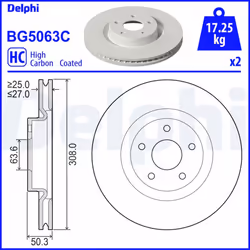 Disque de frein DELPHI BG5063C avant, ventilé, à haute teneur en carbone, 2 pièce