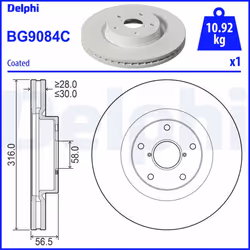 Disque de frein DELPHI BG9084C avant, ventilé, 1 pièce