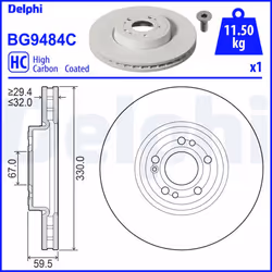 Disque de frein DELPHI BG9484C avant, ventilé, à haute teneur en carbone, 1 pièce