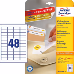 Avery L4736REV-25, Blanc, Rectangle aux angles arrondis, Amovible, DIN A4, Universel, Papier