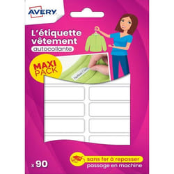 Étiquettes autocollantes pour vêtements - Avery - ETVET90 - Sachet de 90 - 45 x 13 mm - Lavables en machine