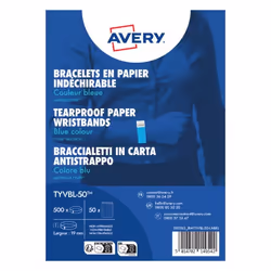 Avery TYVBL-50, Bracelet événementiel, Bleu, Papier, Monochromatique, Unisexe, Adhésif