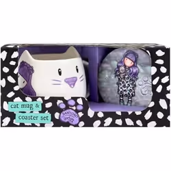 Gorjuss Lot Smitten kitten Tasse Dessous de verres 2 Pièces Céramique Noir Blanc