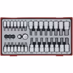 DESCRIPTION: Set de 35 embouts sur douilles 1/4'' et 3/8'' Plat, Ph, Pz, Tx et Hex avec un adaptateur 3/8''-1/4'' et 1/4-3/8. ...