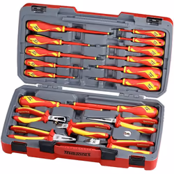 DESCRIPTION: Set de 18 outils isolés 1000 V. Contenu : 13 tournevis VDE plats, Phillips, Pozidriv 5 pinces isolées VDE Caract ...