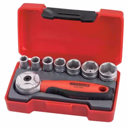 set de mini cliquet avec 72 dents + 7 douilles avec modèle 1/4 » T1408 de Tengtools. Il est livré dans un étui en plastique p ...