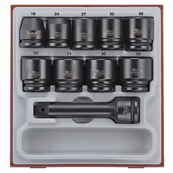 DESCRIPTION: Set de 24 douilles à choc courtes allant de 19 à 38mm et 1 rallonge. TC-tray.