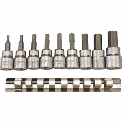 DESCRIPTION: Set de 9 embouts sur douille 3/8 Hex allant de 3 à 12 mm. Caractéristique: Livré clipsé sur un rail métallique