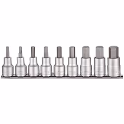 DESCRIPTION: Set de 9 embouts sur douilles HEX 1/2 allant de 3/16 à 5/8''. Caractéristique: Livré clipsé sur un rail métalliq ...