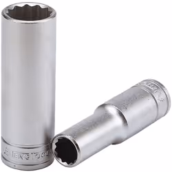 DESCRIPTION: Douille 1/2'' - 12-pans. Modèle long. Exécution 79mm. DIN 3124-ISO 2725. Acier chrome vanadium. Chromé et satiné ...