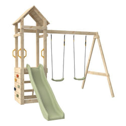 Aire de jeux toboggan - balançoires - mur descalade PLAQUEMINIER en bois H240cm marron