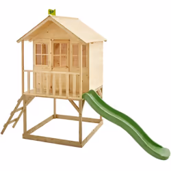 DESCRIPTION GÉNÉRALE Maisonnette en bois surélevée avec bac à sable ombragé et glissière de 1,8 m. SPÉCIFICATIONS TECHNIQUES  ...