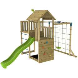 Aire de jeux santoline skywood double plateforme - filet à grimper - tyrolienne - bac a sable - toboggan - bois fsc®