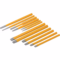 Jeu d'instruments de mécaniciens pour usage intensif. 6 ciseaux à froid, 1 poinçon cylindrique, 2 pointeaux et 3 poinçons con ...