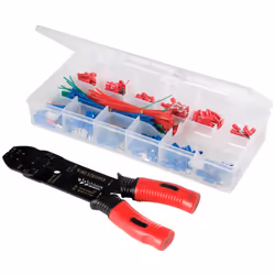 Comprend 200 cosses assorties, 20 tubes isolés, 50 attaches de câbles et 1 pince à sertir et à dénuder.