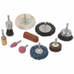 Pour perceuses. Comprend : roue de lustrage 76 mm, brosse circulaire 75 mm, brosse boisseau métallique 50 mm, brosse-pinceau  ...