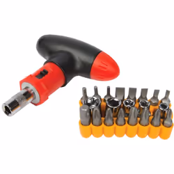 Rotation gauche/droite. Comprend 5 douilles : 4, 5, 6, 8 et 10 mm, 16 embouts assortis.Avec support de rangement.