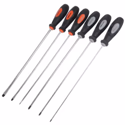 Tiges extra longues en acier chrome-vanadium trempé et revenu à finition satinée, pointes aimantées noircies. Comprend : poin ...
