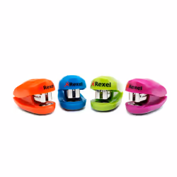 Rexel Mini agrafeuse Buddy coloris assortis, Bleu, Vert, Orange, Rose, Métal, Caoutchouc, 1,5 cm, Haut, 104 mm, 35 mm