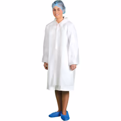 Cette blouse de visiteur jetable est fabriquée à partir d'un tissu non tissé en polypropylène résistant. La partie centrale d ...