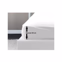 Drap housse 100% coton tissé serré 54 fils de coloris blanc. Avec bonnet de 30 cm. Pour lit 2 personnes. Lavable en machine a ...