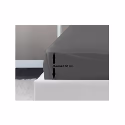 Drap housse 100% coton tissé serré 54 fils de coloris gris foncé. Avec bonnet de 30 cm. Pour lit 2 personnes. Lavable en mach ...