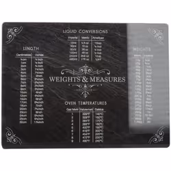 Protecteur de comptoir ou de planche à pâtisserie "Poids et mesures" de verre avec image décorative de conversions et effet t ...