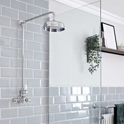 Elizabeth - Kit de douche rétro - Mitigeur de douche thermostatique exposé&44 Colonne de douche rétro et Pommeau pluie rond fixe - Chromé et Blanc