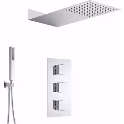 Bras mural partie intégrante de la tête de douche ultra fine de cet esthétique kit de douche thermostatique à encastrer et do ...