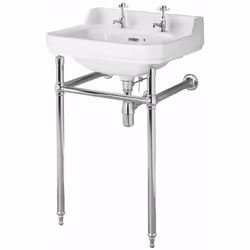 Lavabo sur pied. Céramique blanche. Design rétro. Percé de deux trous standards de 35mm pour la robinetterie. Console porte-s ...