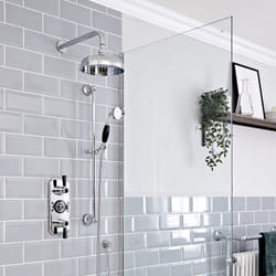 Elizabeth - Kit de douche rétro - Mitigeur thermostatique à double fonctions&44 Pommeau pluie rond mural de 20 cm et Kit douchette sur rampe - Chromé