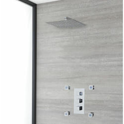 Kubix - Mitigeur de Douche Thermostatique Moderne à 2 Fonctions avec Pommeau Mural Pluie Carré de 30 cm et Quatre Buses Hydromassantes - Chromé
