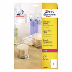 Avery L7784-25, Transparent, Imprimante d'étiquette non-adhésive, A4, Polyester, Laser, Permanent